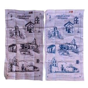 2 Vtg Kay Dee HandPrints California Missions 100% Pure Linen Kitchen Tea Towels
